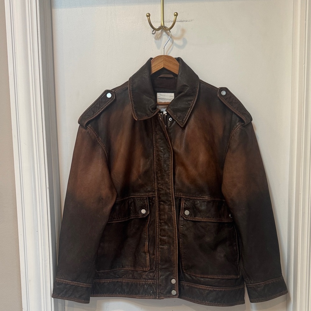 Avec Les Filles Burnished Brown Leather Bomber Jacket Oversized Large - Picture 6 of 12